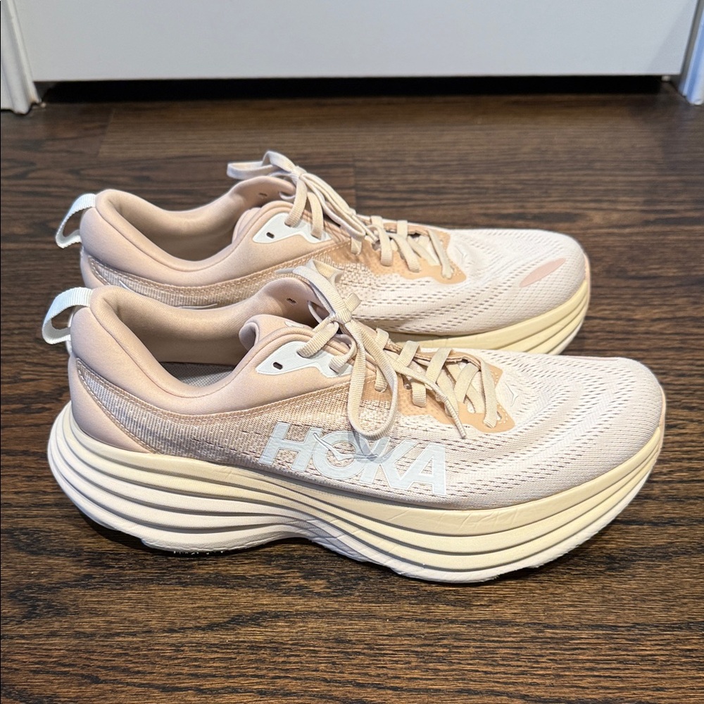 Hoka Bondi 8’s Women's Cream & Tan Running Sneakers - Size 12B - Picture 2 of 9